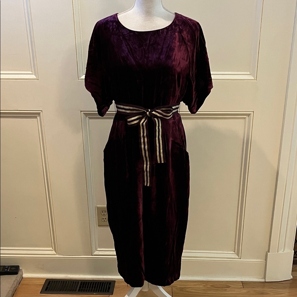 Boden Velvet Midi Dress in Deep Plum with Striped Waist Tie